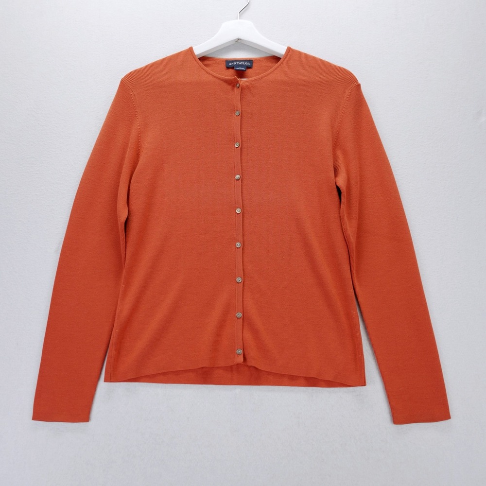 Ann Taylor VTG Orange 100% Silk Long Sleeve Button Front Cardigan Sweater L